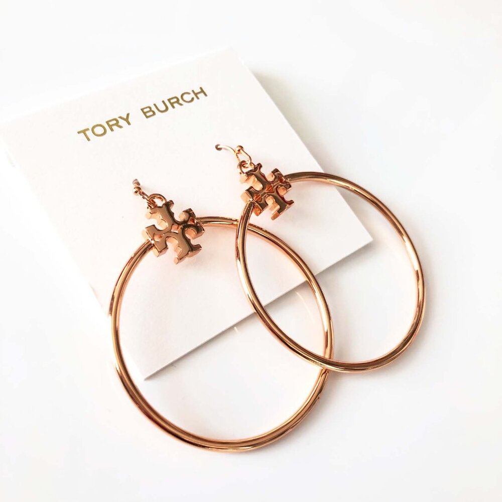 NEW Tory Burch Stacked Hoop Drop Earrings 1.5” Silver or Rose Gold - Picture 4 of 9